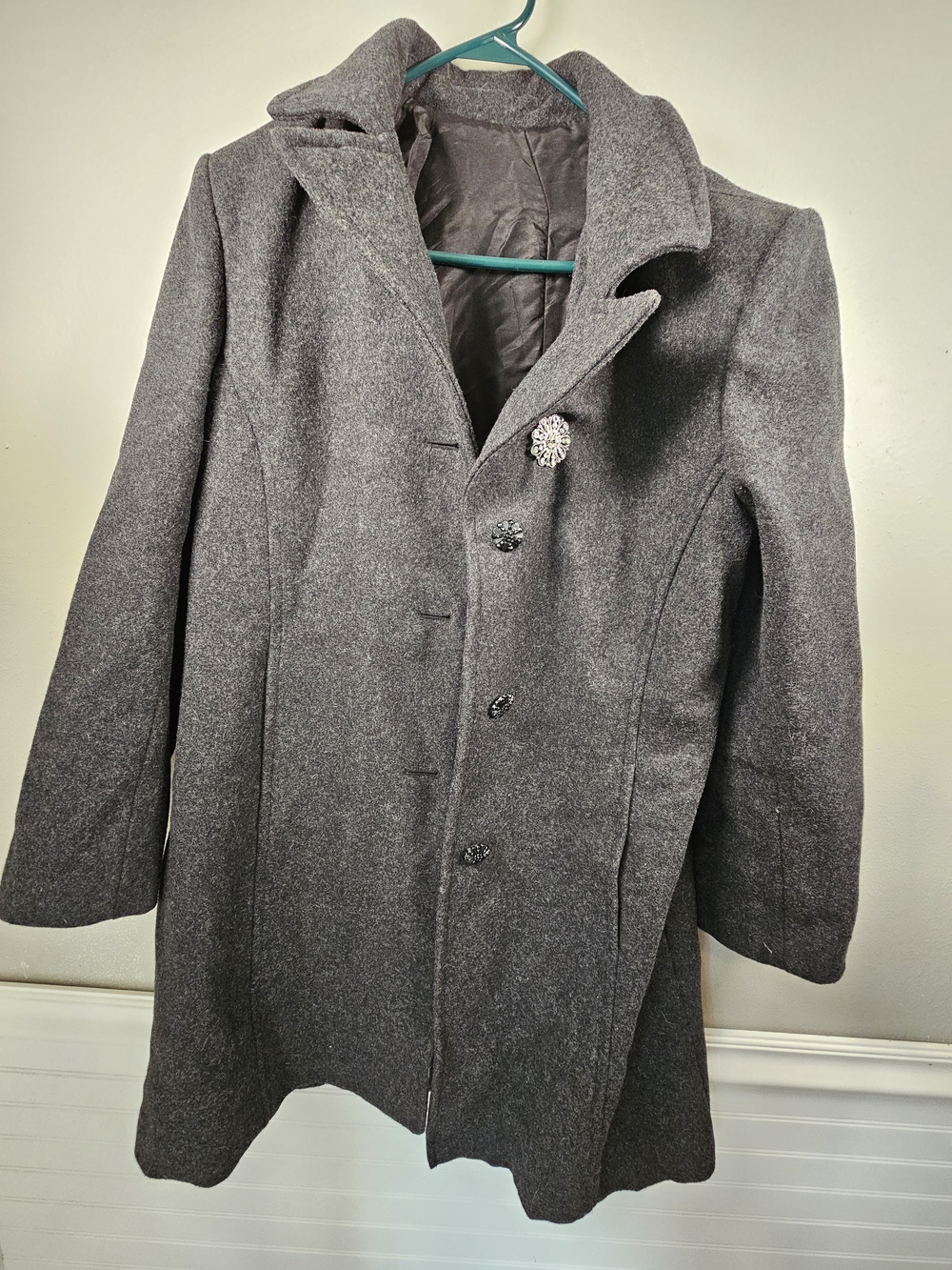 Womens Gray Wool Blend Button-Front Peacoat